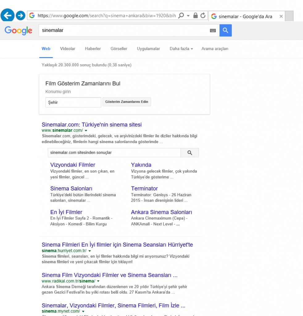 Google Sinema Bilgileri Veriyor