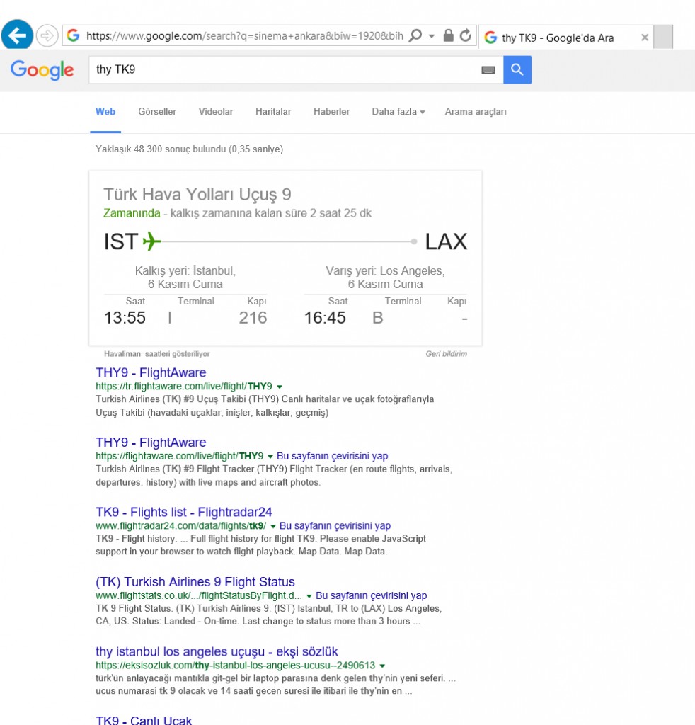 Google Uçuş Bilgileri Veriyor